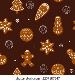 Various tasty gingerbread cookies. Hand drawn colored vector seamless pattern. Holiday trendy illustration. 