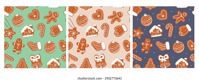 Various tasty gingerbread cookies. Set of three hand drawn colored Vector seamless Pattern. Holiday trendy illustration. Different shapes of sweets. Christmas winter mood. Cartoon style. Flat design