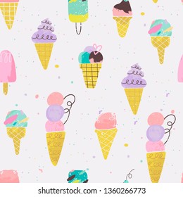 Various tasty ice cream and confetti. Hand drawn vector seamless pattern. Watercolor style. Stamp texture. Colored trendy illustration. Flat design