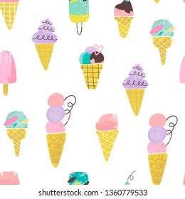 Various tasty ice cream. Hand drawn vector seamless pattern. Watercolor style. Stamp texture. Colored trendy illustration. Flat design