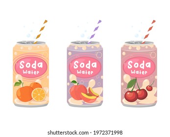 Various tasty Soda beverages set. Drinks in aluminum Cans. Carbonated water with different fruit flavors. Kawaii asian style. Trendy illustration.