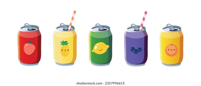 Diversas Sodas sabrosas en latas de aluminio con diferentes sabores de fruta. Estilo Kawaii. 