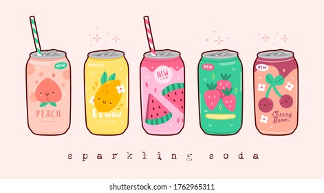 Various tasty Sodas. Hand drawn Vector set of soft Drinks in aluminum Cans. Carbonated water with different fruit flavors. Kawaii asian style. Trendy illustration. All elements are isolated