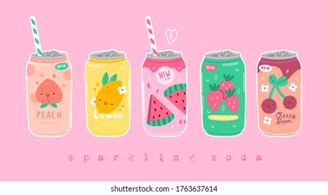 Various tasty Sodas. Hand drawn Vector set of soft Drinks in aluminum Cans. Carbonated water with different fruit flavors. Kawaii asian style. Trendy illustration. All elements are isolated