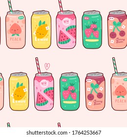 Diversas Sodas sabrosas. Patrón sin costuras de vectores dibujado a mano. Bebidas en latas de aluminio. Agua carbonada con diferentes sabores de fruta. Estilo kawaii japonés. Ilustración de moda. Fondo de escritorio