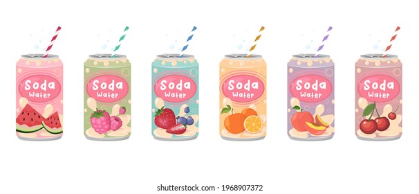 Various tasty Sodas. Hand drawn Vector. Carbonated water with different fruit flavors, set. Japanese Kawaii style. Trendy illustration. All elements are isolated