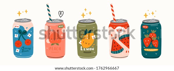 Various tasty Sodas. Hand drawn Vector set of\
soft Drinks in aluminum Cans. Carbonated water with different fruit\
flavors. Kawaii Japanese style. Trendy illustration. All elements\
are isolated