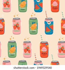 Various Tasty Sodas. Soft Drinks In Aluminum Cans. Carbonated Water With Fruit Flavor. Asian, Japanese Kawaii Style. Hand Drawn Colorful Vector Illustration. Square Seamless Pattern 