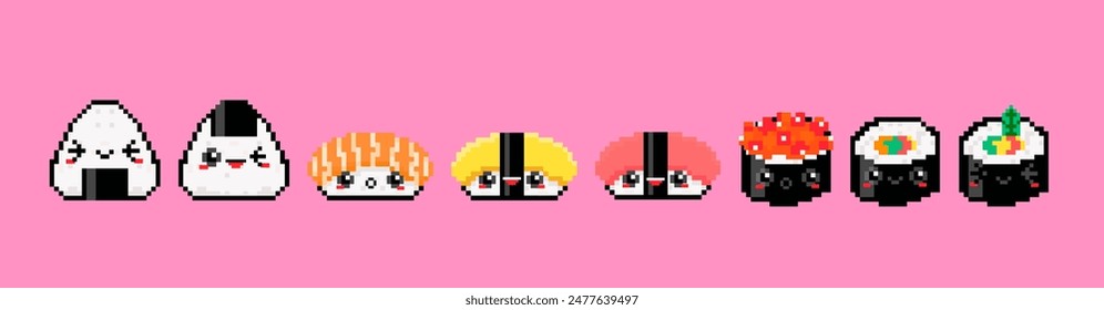 Varios sushi sabrosos. Sushi con caras kawaii. Pixel art. Dibujado a mano Ilustración vectorial de moda. Dibujos animados estilo plano. Colorido conjunto. Elementos de diseño aislados. Logo, icono, Plantillas de impresión