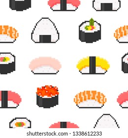 Various tasty sushi. Pixel art. Hand drawn trendy illustration. Colored vector seamless pattern