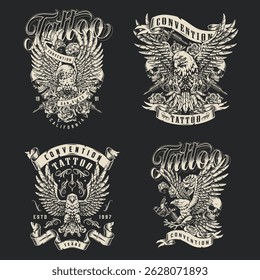 Various tattoo designs are displayed incorporating elements like eagles and bold lettering. The artwork highlights styles from tattoo conventions in California and Texas during the 1990s.