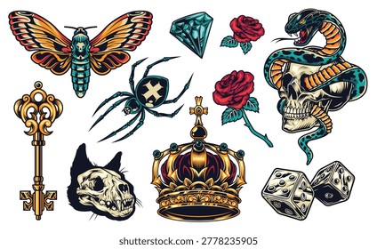 Various tattoo designs are featured including a butterfly skull snake spider rose diamond crown and dice. These designs show different styles and themes for body art.