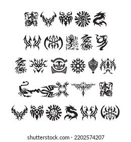 Various tattoo element doodle isolated on white Tattoo tribal abstract sleeve set, black arm shoulder tattoo fantasy pattern vector art design