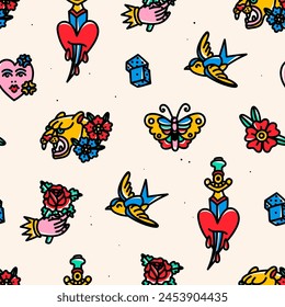 Various tattoo flashes. Hand drawn modern Vector illustration. Traditional tattoo style. Colorful bright set. Square seamless Pattern, background, wallpaper