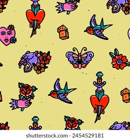 Various tattoo flashes. Hand drawn modern Vector illustration. Traditional tattoo style. Colorful bright set. Square seamless Pattern, background, wallpaper