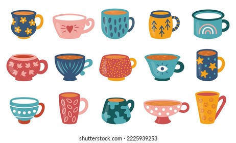 Varias tazas de té o café. Cocina, desayuno, ceremonia de té o tema de vajilla de cerámica. Bolas de dibujos animados llenas y vacías con diferentes adornos. Ilustración vectorial sobre fondo blanco. 