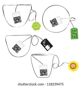 Various teabags stylized as a cup of tee. Vector Graphic Elements.