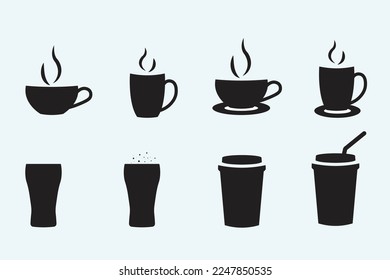Various Teacups, Take away cups, and Cola glass icons set. Anyone can use these icons for their work. Black color icons in lite blue background.