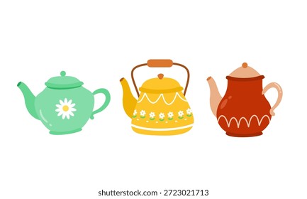 Conjunto de varias teteras. Tetera verde, amarilla y roja. Dibujos animados de utensilios de cocina