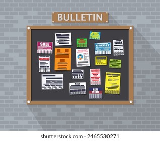 Various tear off papers ad on bulletin board on brick wall. Advertisement and announcement, sell, rent, missing human, credit, work, money. Vector illustration in flat style