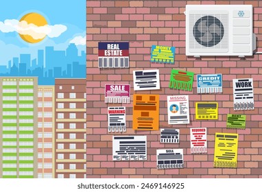 Various tear off papers ad on on brick wall. Advertisement and announcement in big city. Cityscape. Sell, rent, missing human, credit, work, money. Vector illustration in flat style