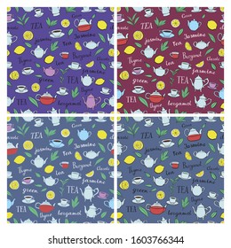 Various teas, cups and teapots. Seamless pattern for wrapping paper or menu