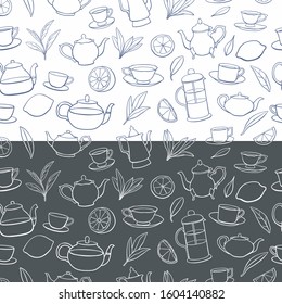 Various teas, teapots, leaves and lemons. Seamless linear pattern