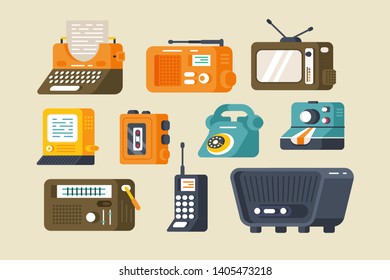 Various technics set vector illustration. Collection consist of typewriter tv-set telephone dictaphone and radio receiver flat style design. Vintage and retro concept. Isolated on grey