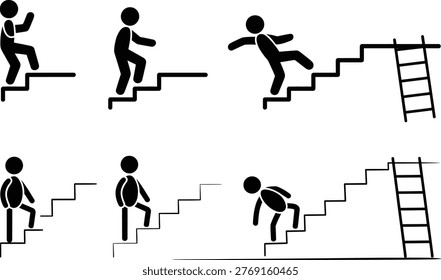 Various techniques for climbing stairs and ladders illustrated with simple figures