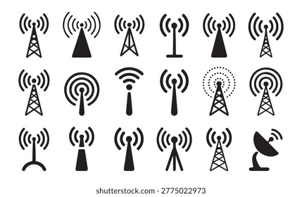 Various telecommunication tower vector icons representing radio masts cellular antennas and satellite broadcast gear.