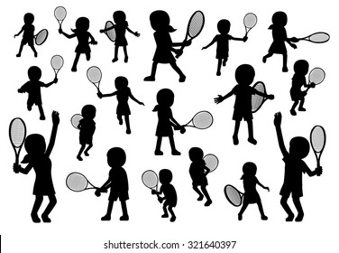 Various Tennis Poses Silhouette Cartoon Vector Illustration