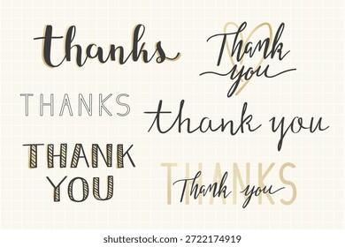 Varios diseños de texto de 'gracias' en diferentes Fuentes y estilos. Notas de agradecimiento, tarjetas de agradecimiento y mensajes de agradecimiento en tipografía creativa. Gracias Vector de estilo de tipografía. Vector de diseño de palabras.