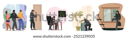 Various Theft Scenes Featuring Pickpocketing Street Crime, Hacking Computer Cybercrime And Home Burglary Activities. Cartoon Characters Are Engaged In Different Criminal Actions In Urban Settings