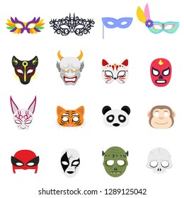 Various themed masks on the face. Mask for party, holiday, carnival, animals, set of isolated objects. Vector illustration