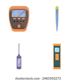 Various thermometer icons set cartoon vector. Contact and contactless device. Measuring instrument