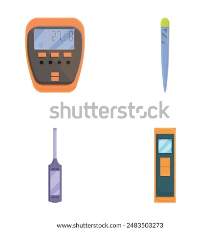Various thermometer icons set cartoon vector. Contact and contactless device. Measuring instrument