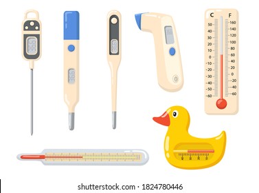 Various thermometers flat item set. Cartoon medical tool for high temperature measurement isolated vector illustration collection. Measuring instruments and indication concept