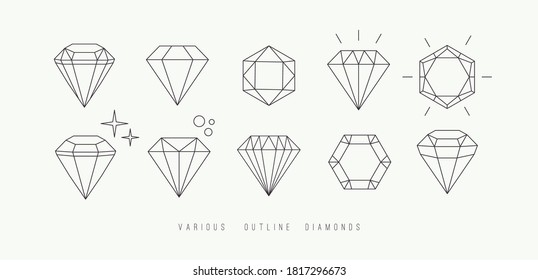 Various Thin Line Outline Diamonds. Precious Stones. Minimalistic Gemstone Icons. Elegant Geometric Design. Trendy Vector Illustrations. Luxury Jewelry Concept. All Elements Are Isolated