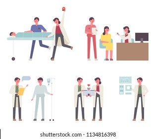 Various things doctors do at a hospital. flat design style vector graphic illustration set
