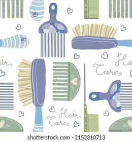 Various things for hair care. Combs. Vector seamless Pattern. Light background, wallpaper, cartoon style