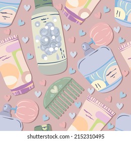 Various things and items for hair care. Shampoo, hair balm, spray, comb. Vector seamless Pattern. Pink background, wallpaper, cartoon style