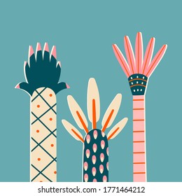 Hay tres palmeras abstractas. Árboles cortos y altos. Diferentes interpretaciones de madera y hojas. Dibujo manual de la ilustración de moda Vector colorido. Estilo de caricatura, Diseño plano. Fondo azul
