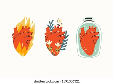 Various Three Anatomical Hearts. Heart On Fire, Flowers, Butterfly, Heart In A Jar. Cartoon Style. Hand Drawn Colored Set. Trendy Vector Illustration. All Elements Are Isolated