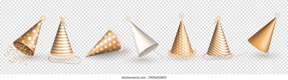 Various three dimensional realistic golden and beige birthday hats or party paper caps in cone shape with ribbons, bows and fluffy fur on transparent background. 3d orange party hats  for celebration