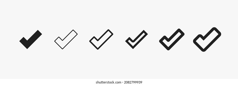 Various tick set vector. Confirm checkmark isolated on white background. Black linear tick for business and accept. Ok symbol