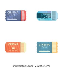Various ticket icons set cartoon vector. Four various cinema ticket. Entertainment concept