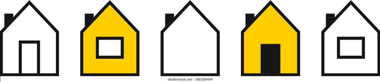 Various tiny houses, chimney, window, door. Simple style, lines. Flat design. Icons on a white background. Geometric stylish illustrations. Two-color vector set. All objects are isolated