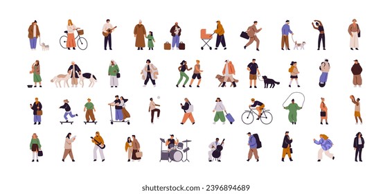 Various tiny people in city set. Friends, couples walking dog on street, skateboarding, running. Many characters play musical instruments, ride on bike. Flat isolated vector illustration on white