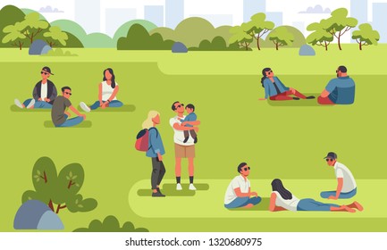 Various tiny people at park performing leisure outdoor activities. Cartoon colorful vector illustration.