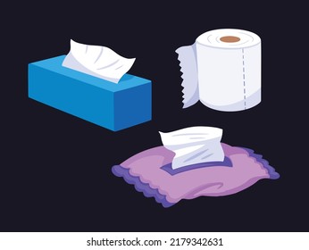 Various tissue from tissue box and roll for kitchen or bathroom purposes. White tissue vector illustration set collection with flat art style drawing on dark background.